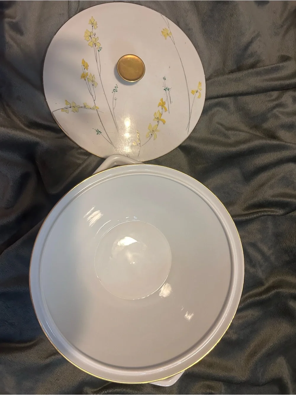 Porcelain Lidded Serving Bowl with Gold Trim and Yellow Floral Motif